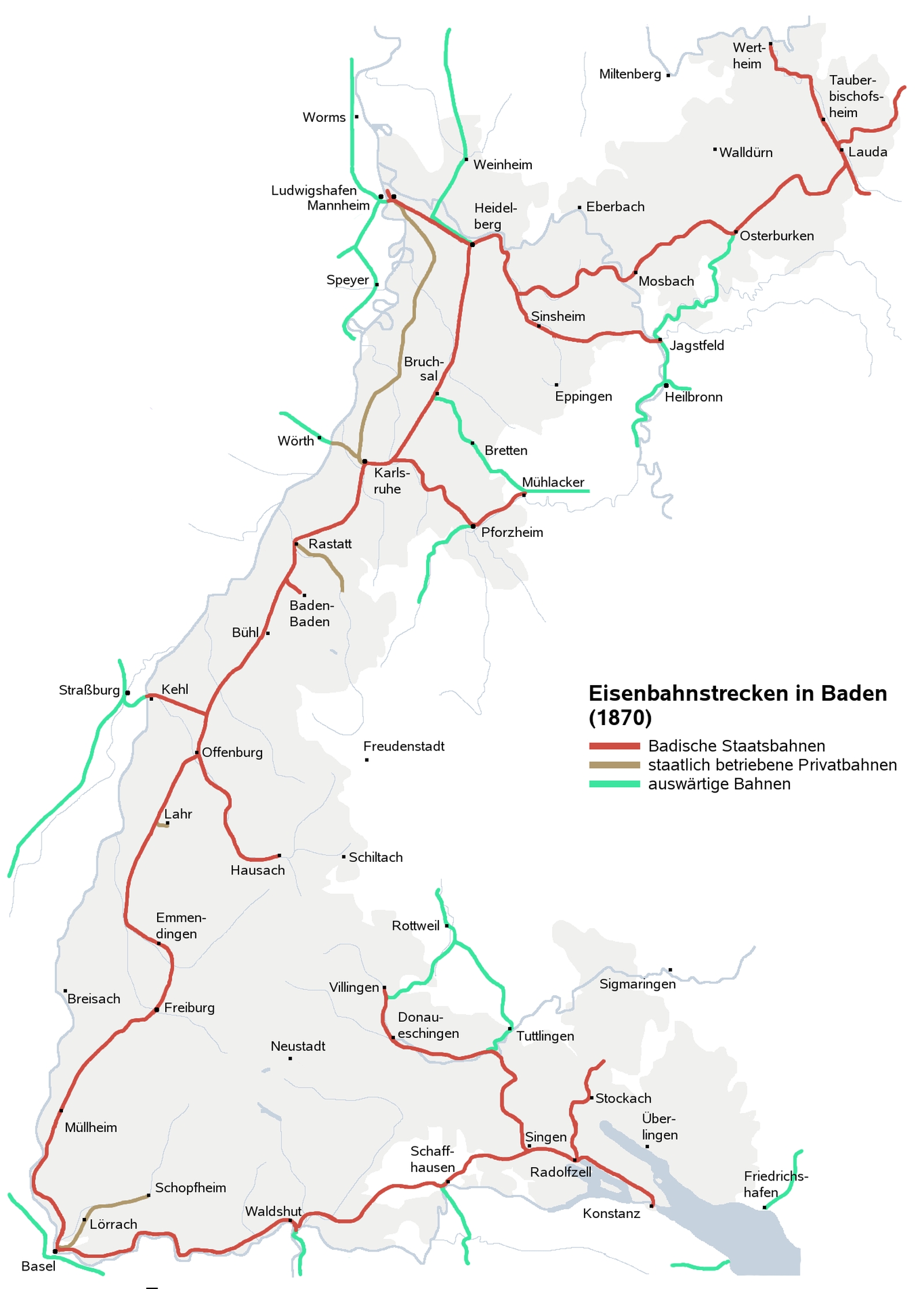 Extent of the Baden network in 1870