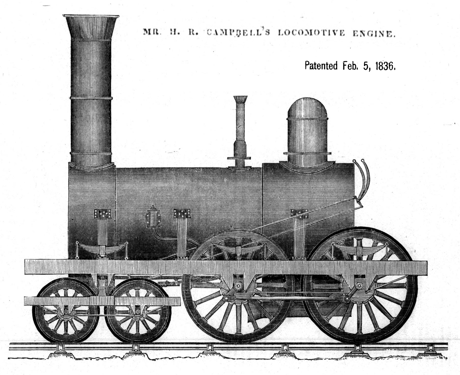 Drawing of the first 4-4-0 locomotive by Campbell from 1836