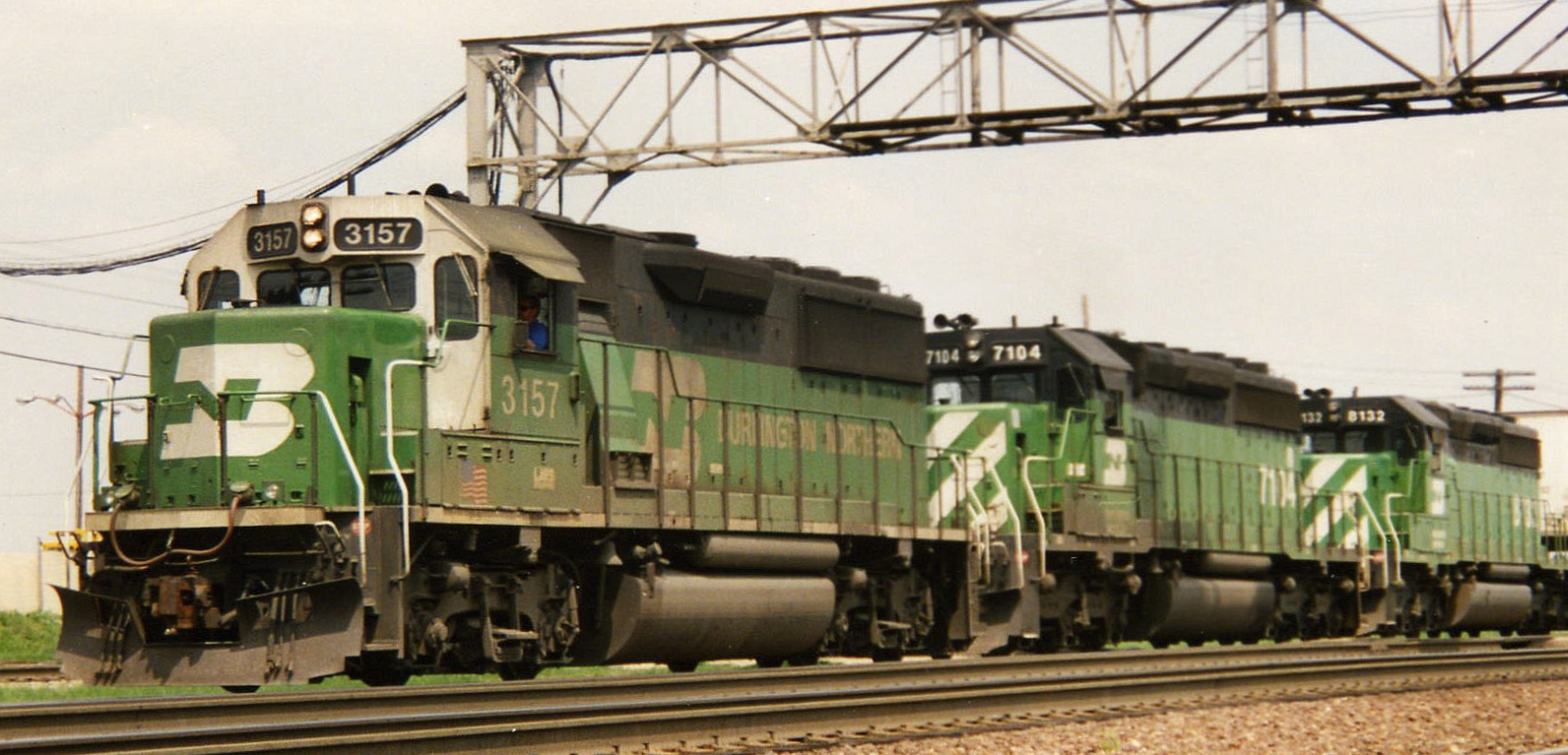 Burlington Northern No. 3157 in front of a freight train in June 2005 Eola, Illinois