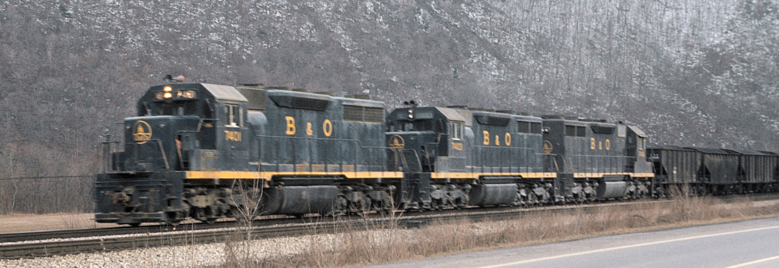 Three Baltimore & Ohio SD35s in 1969 near Keyser, West Virginia
