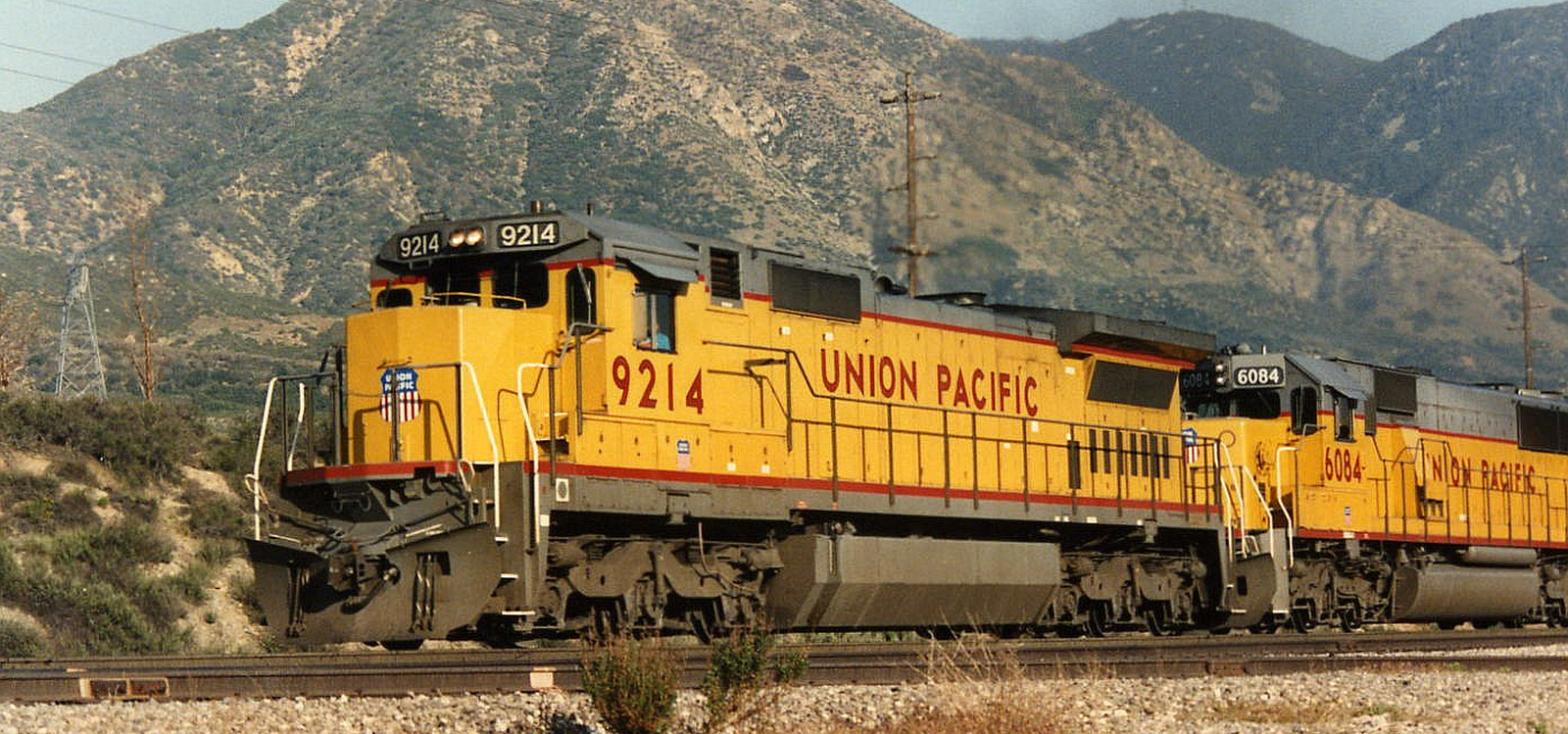 Union Pacific Dash 8-40C No. 9214 at the head of a freight train in May 1991 at Cajon Pass, California