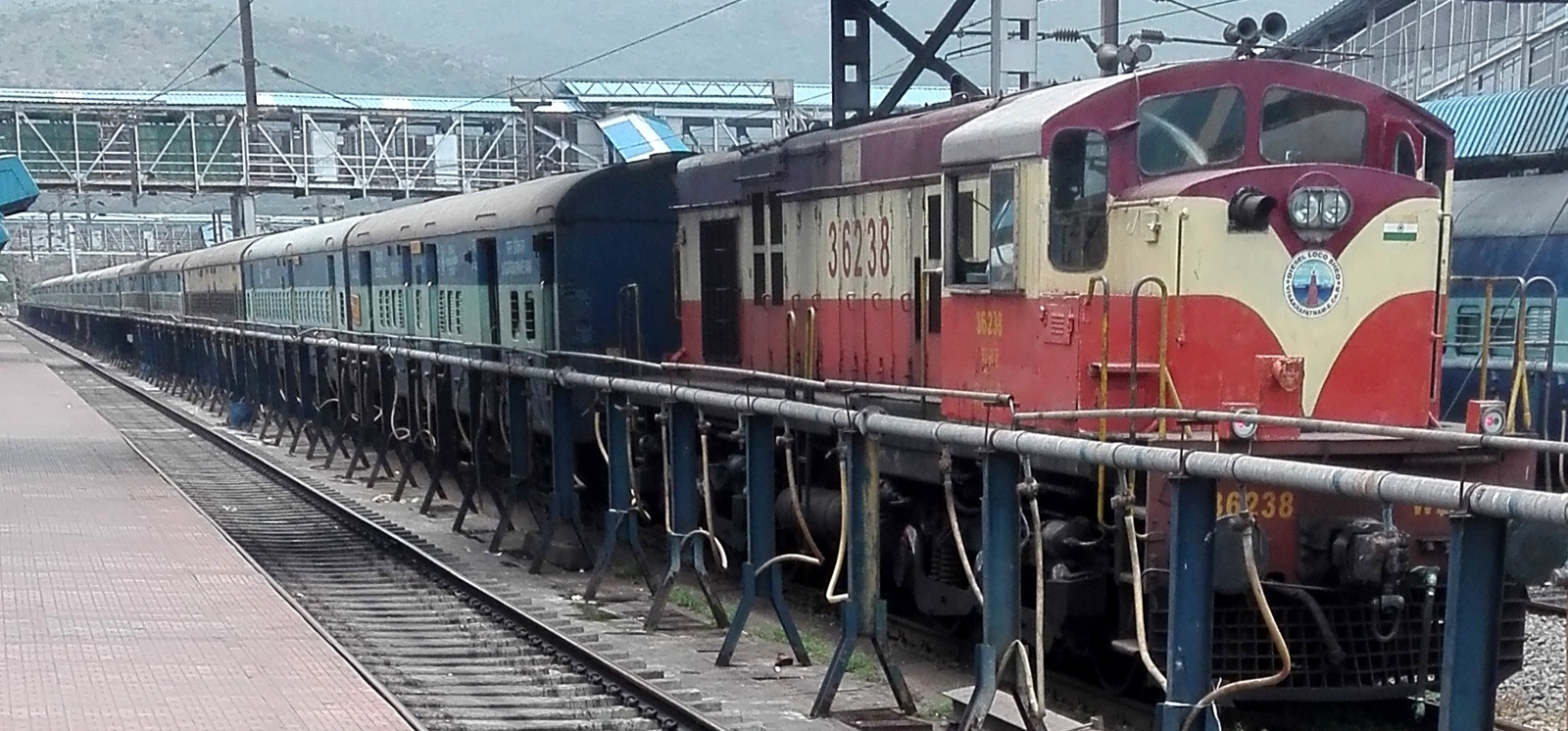 No. 36238 with a heavy passenger train at Visakhapatnam