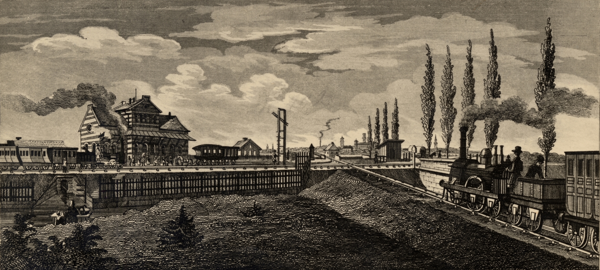 Crossing of the Ludwigsbahn between Nuremberg and Fürth with the Ludwig-Süd-Nord-Bahn from Lindau to Hof in the year 1845.