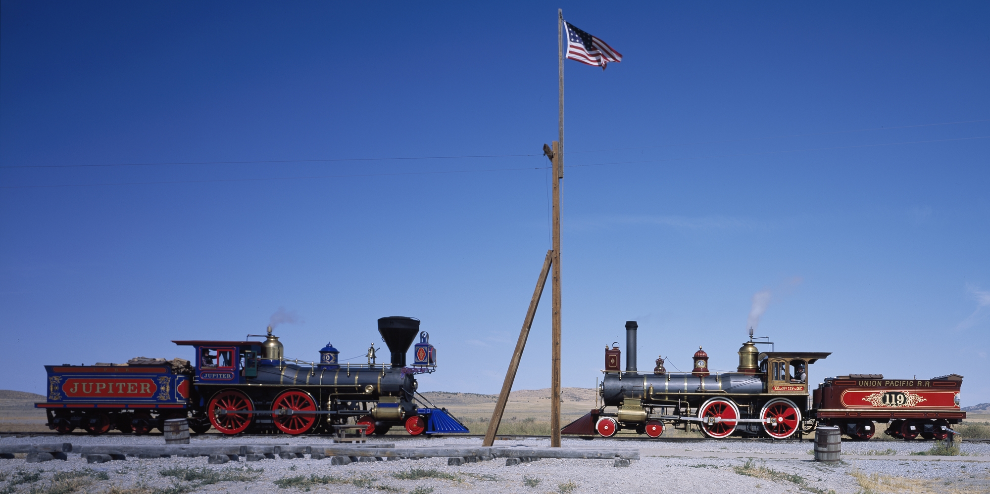 Meeting of replicas of Union Pacific No. 119 and Central Pacific “Jupiter” at the Golden Spike National Historic Site in Utah where the gap in the First Transcontinental Railroad was closed in 1869.