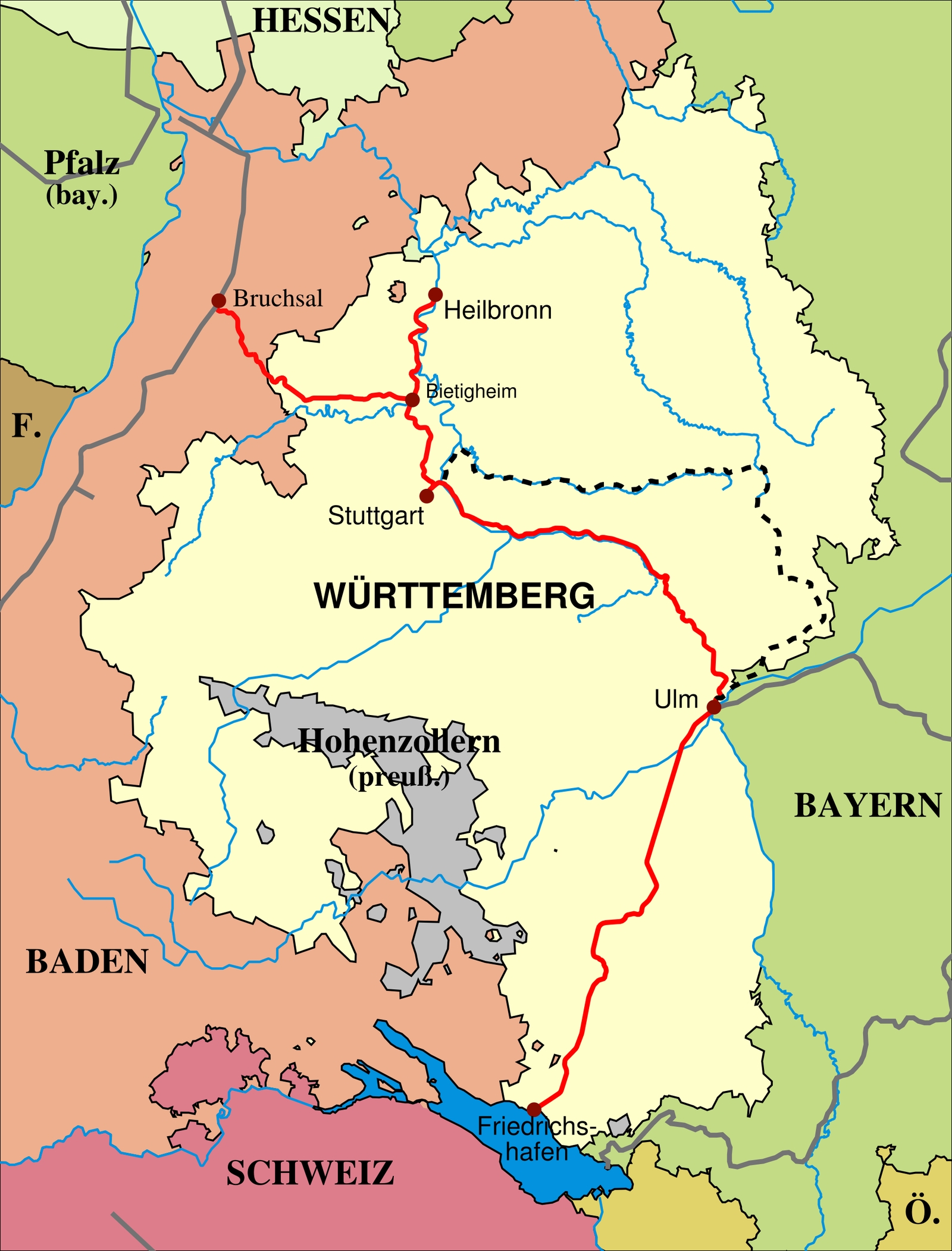 State of the Württemberg main routes from 1854