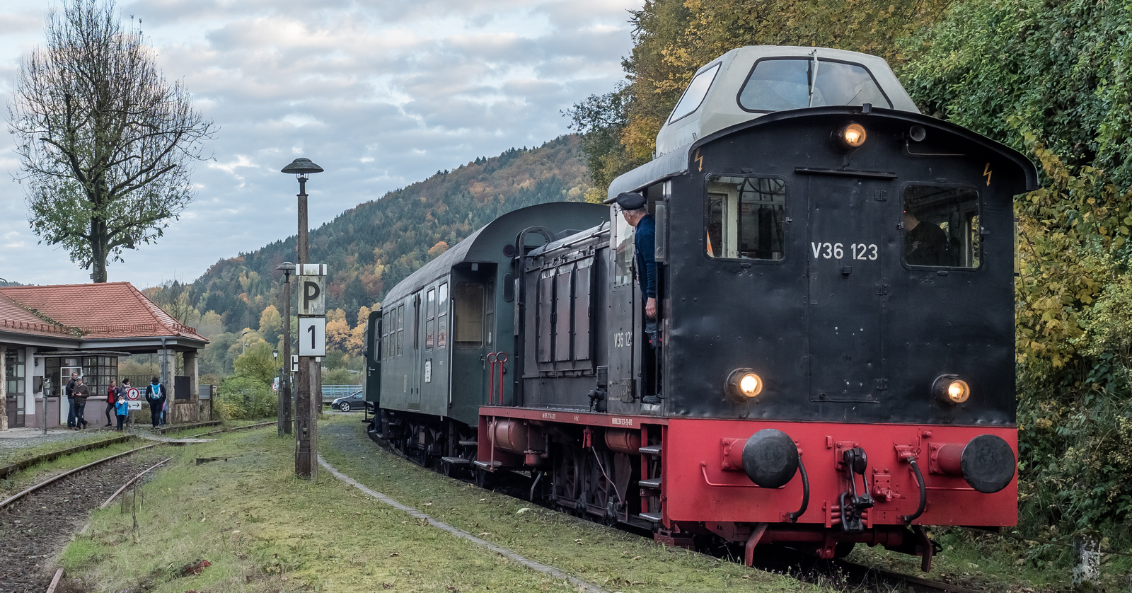 V 36 123 of the Franconian Switzerland steam railway with a tower cab in October 2016 in Muggendorf